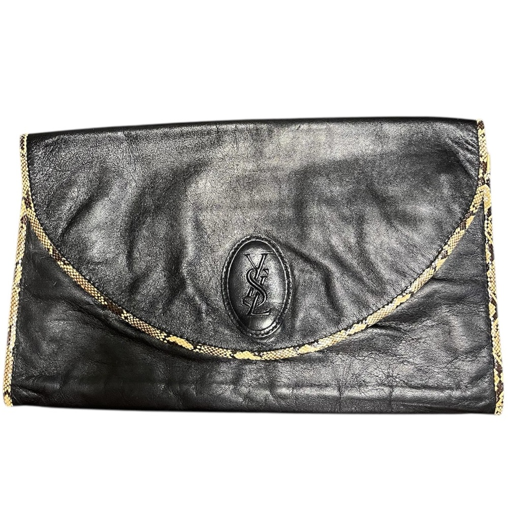 Vintage Yves Saint Laurent Black Leather Fold-Over Clutch with Snake Trim